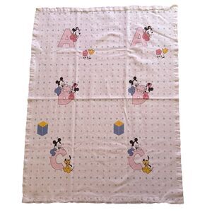 Disney Dundee Baby Blanket Mickey Minnie ABC Cotton w/ Satin Edge VTG '84 CLEAN